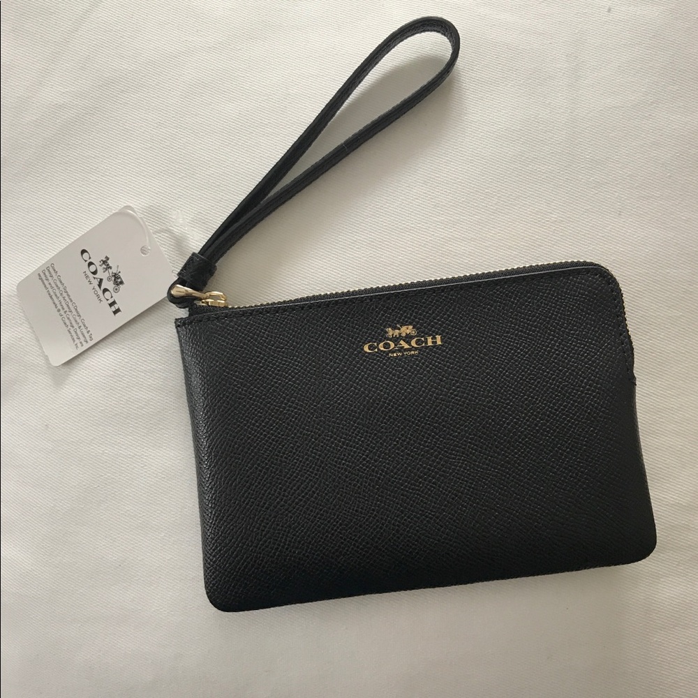 COACH Black Leather Wristlet Clutch with Gold Logo